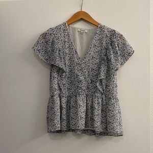 Madewell Blue and White Floral Ruffle Blouse